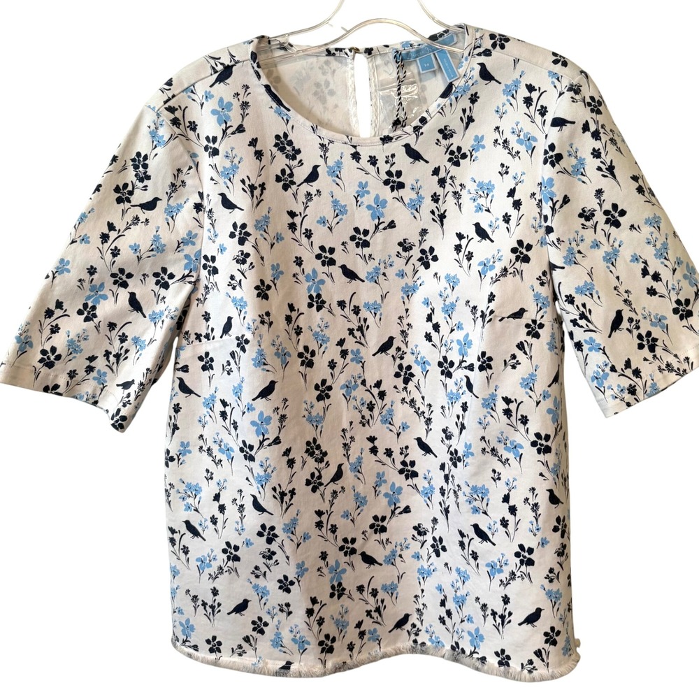 NWT Draper James White and Blue Bird Print Denim Top in Size 14